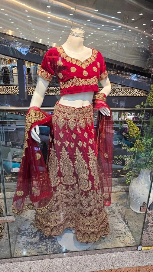 A red bridal lehenga with gold zari embroidery